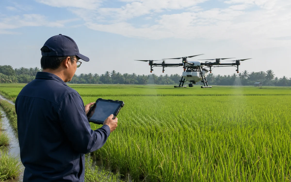 Agronomis FPSSB mengendalikan dron pertanian pintar di sawah